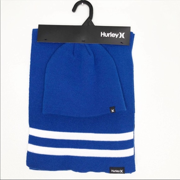 Hurley NEW 2 Piece Mens Winter Hat Beanie Scarf Gift Set Skate Blue White Black - Picture 4 of 9